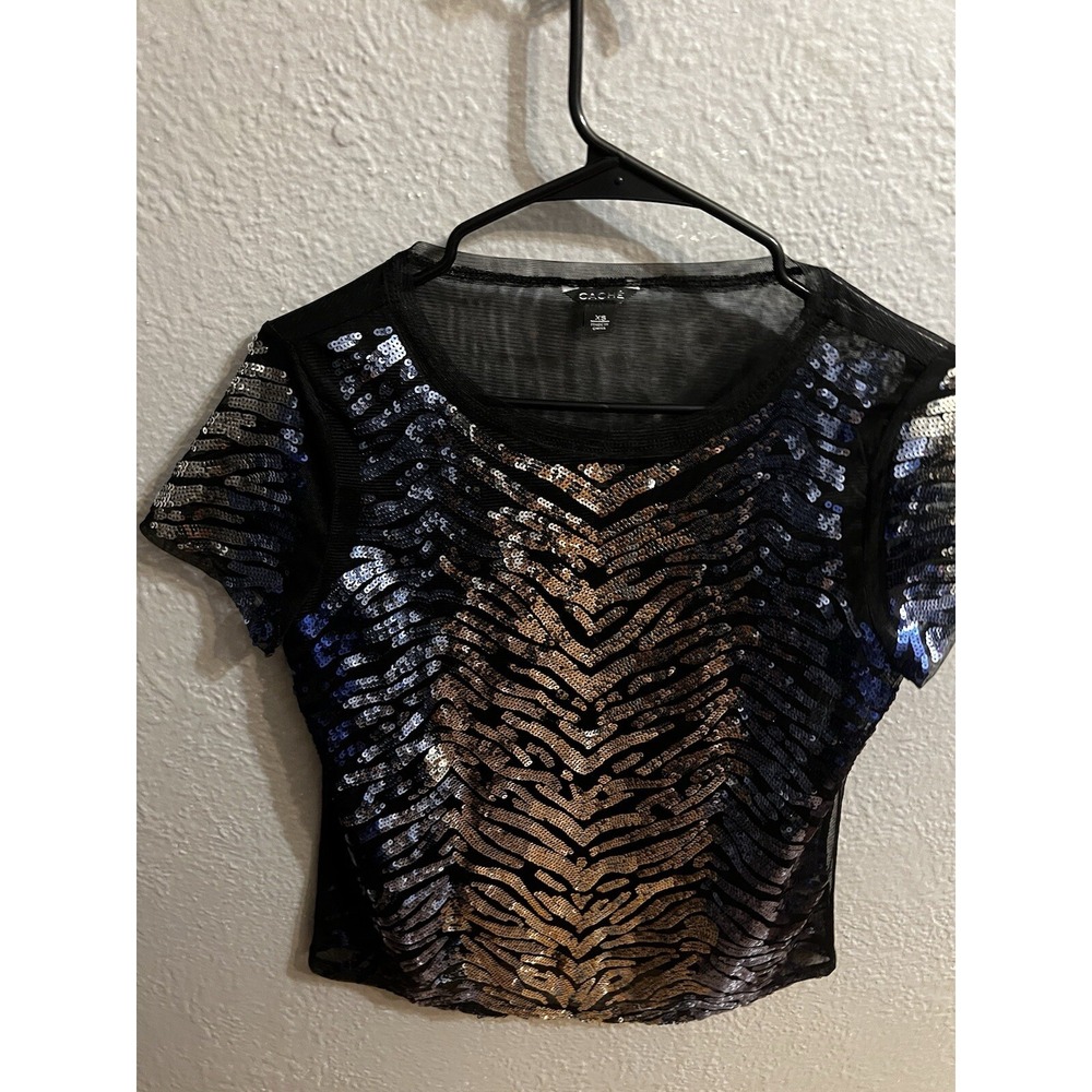 Cache Black Sequins Shirt Womens Short‎ Sleeve Pullover Size XS